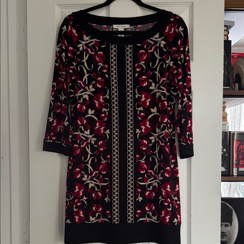 White House Black Market Black Mini Dress with Red and Gold Floral Design